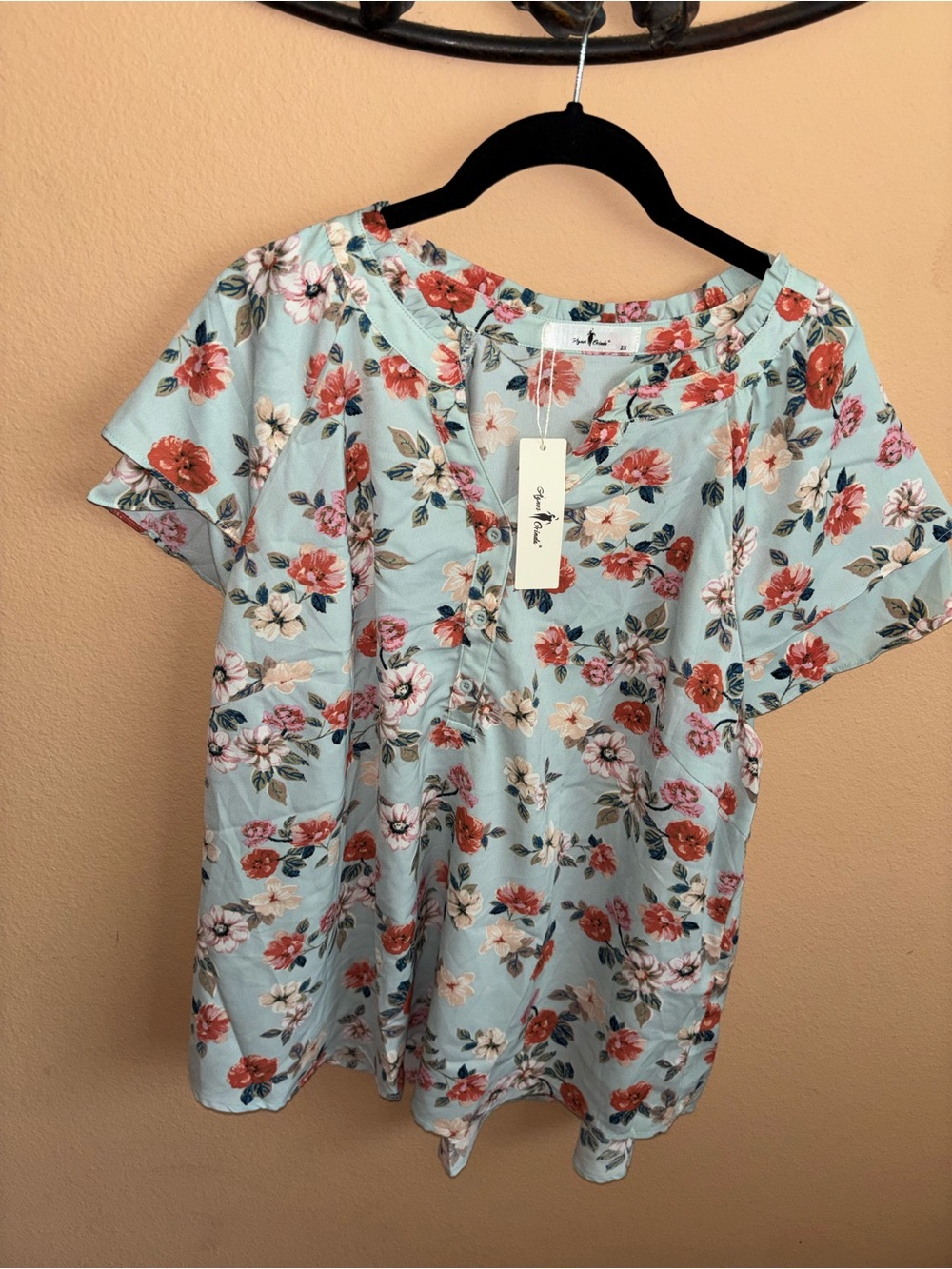 Light Blue Floral V-Neck Short Sleeve Blouse